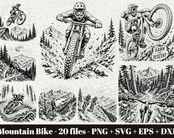 May include: A collection of black and white illustrations featuring mountain bikers in various action poses, riding through rugged forest trails and mountainous landscapes, with one graphic including the text Earn The Descent.