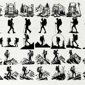 May include: Black and white illustrations of hikers with backpacks, trekking poles, and mountain scenery. The images depict various hiking poses and scenes, including climbing mountains and walking on trails.
