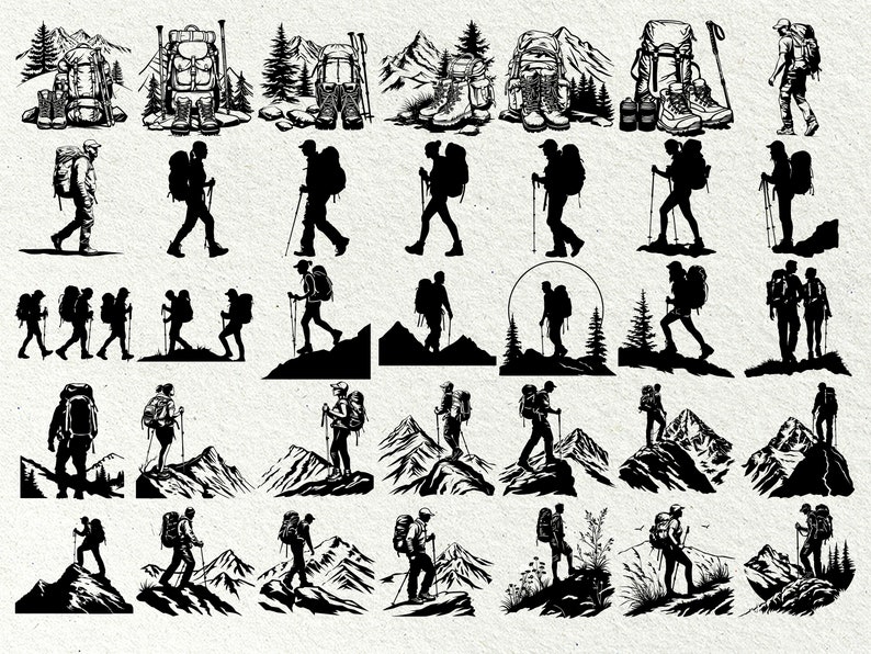 May include: Black and white illustrations of hikers with backpacks, trekking poles, and mountain scenery. The images depict various hiking poses and scenes, including climbing mountains and walking on trails.
