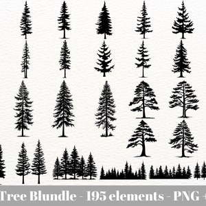 May include: A collection of 195 black silhouette pine tree illustrations in various sizes and shapes. The trees are arranged in rows and include single trees, groups of trees, and rows of trees.