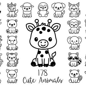 Peut inclure: Illustrations en noir et blanc de divers animaux mignons, dont un zèbre, une licorne, un mouton, un pingouin, un chien, un chat, un rhinocéros, un cerf, un ours, un singe, un léopard, une vache, un hippopotame, un éléphant, un raton laveur, etc. Le texte "178 Cute Animals" est également inclus.