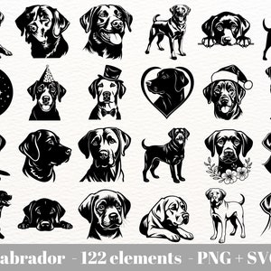 May include: A collection of 122 black and white vector illustrations of Labrador Retrievers in various poses. The illustrations include dogs sitting, standing, running, and playing. Some of the dogs are wearing hats, party hats, and Santa hats. The illustrations are perfect for use in digital projects, such as website design, social media graphics, and print projects.