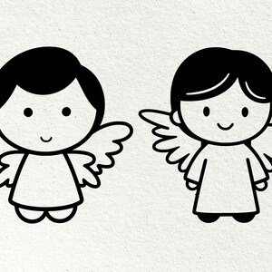 Op de afbeelding: Twee cartoon engel illustraties in zwart en wit. Elke engel heeft een rond hoofd, kleine ogen, een lachende mond en een eenvoudige tuniek. Ze hebben beide gedetailleerde vleugels. De engelen zijn getekend in een eenvoudige, schattige stijl.
