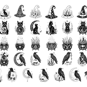 Puede incluir: Una colecci&oacute;n de ilustraciones en blanco y negro que presentan sombreros de bruja, gatos, calderos, cuervos, calaveras, cristales, cartas de tarot y lunas crecientes. Estos iconos gr&aacute;ficos detallados representan varios s&iacute;mbolos m&iacute;sticos y ocultos.