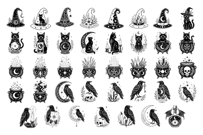 Puede incluir: Una colecci&oacute;n de ilustraciones en blanco y negro que presentan sombreros de bruja, gatos, calderos, cuervos, calaveras, cristales, cartas de tarot y lunas crecientes. Estos iconos gr&aacute;ficos detallados representan varios s&iacute;mbolos m&iacute;sticos y ocultos.