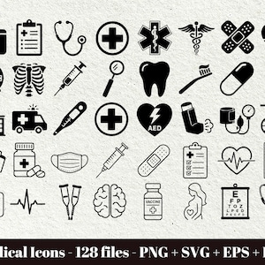 May include: A collection of black medical icons on a light background, including a first aid kit, stethoscope, syringe, heart, tooth, wheelchair, and prescription. The text at the bottom reads: Medical Icons - 128 files - PNG + SVG + EPS + DXF.