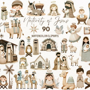 Szopka clipart akwarelowy / Szopka akwarelowa png / Scena żłobka png / Clipart postaci szopki / Scena żłobu bożonarodzeniowego