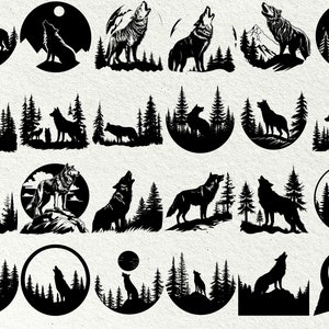 Peut inclure: Une collection de 20 images en silhouette noire et blanche de loups hurlant dans un d&eacute;cor de for&ecirc;t. Chaque image repr&eacute;sente un loup hurlant &agrave; la lune, entour&eacute; d'arbres et d'autres &eacute;l&eacute;ments de la for&ecirc;t.