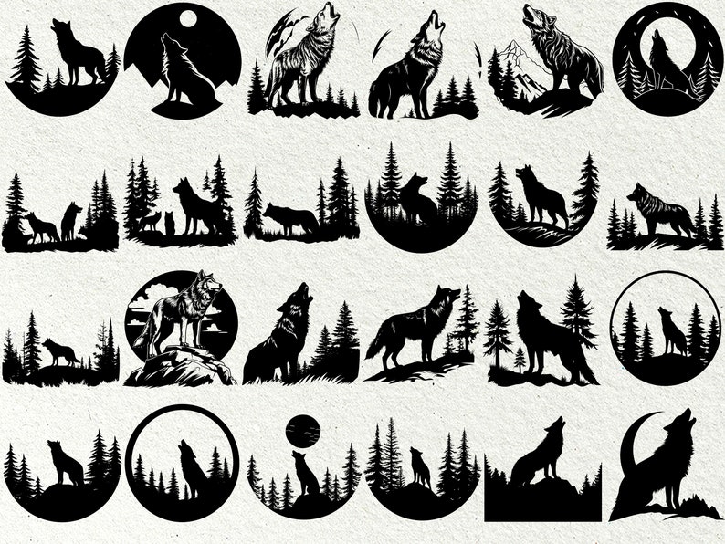 Peut inclure: Une collection de 20 images en silhouette noire et blanche de loups hurlant dans un d&eacute;cor de for&ecirc;t. Chaque image repr&eacute;sente un loup hurlant &agrave; la lune, entour&eacute; d'arbres et d'autres &eacute;l&eacute;ments de la for&ecirc;t.