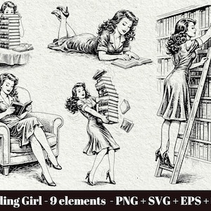 Könnte beinhalten: Schwarz-Weiß-Illustration einer Frau mit Büchern in verschiedenen Posen. Eine Szene zeigt sie beim Lesen in einem Stuhl, eine andere auf einer Leiter, die nach einem Buch greift, und andere, die Bücherstapel tragen. Der Text unten lautet "Reading Girl - 9 Elemente - PNG + SVG + EPS + DXF."