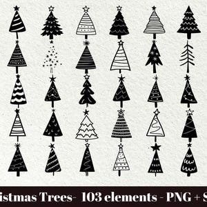 May include: A set of 103 black and white hand-drawn Christmas tree illustrations. The trees are in various styles, including simple, whimsical, and traditional.  Christmas Trees - 103 elements - PNG + SVG