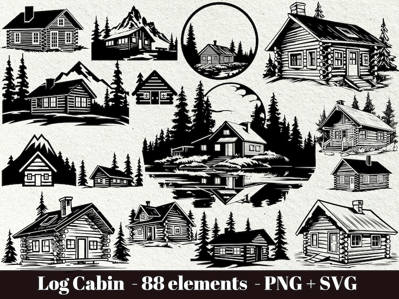 Cabaña de troncos svg, Casa de montaña svg, Casa en el bosque svg, Cabaña rústica svg, Descarga instantánea, Paquete de montaña Svg, Uso comercial imagen 1