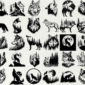 May include: A collection of 25 black and white wolf silhouette illustrations. The wolves are depicted in various poses, including howling, running, and standing. Some of the illustrations feature a full moon, trees, and mountains in the background.
