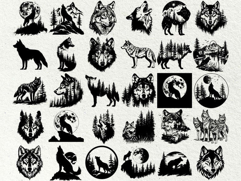 May include: A collection of 25 black and white wolf silhouette illustrations. The wolves are depicted in various poses, including howling, running, and standing. Some of the illustrations feature a full moon, trees, and mountains in the background.