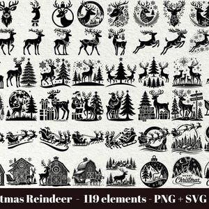Könnte beinhalten: Eine Sammlung von schwarz-weißen Weihnachtsrentier-Designs, darunter Silhouetten von Rentieren, Weihnachtsbäumen, dem Weihnachtsmann und Schlitten. Der Text "Christmas Reindeer - 119 elements - PNG + SVG + EPS" befindet sich unten.