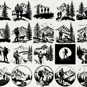 May include: A collection of black and white illustrations depicting hikers in mountainous landscapes. The images showcase people with backpacks, trees, mountains, and some with dogs, evoking a sense of adventure and outdoor exploration.
