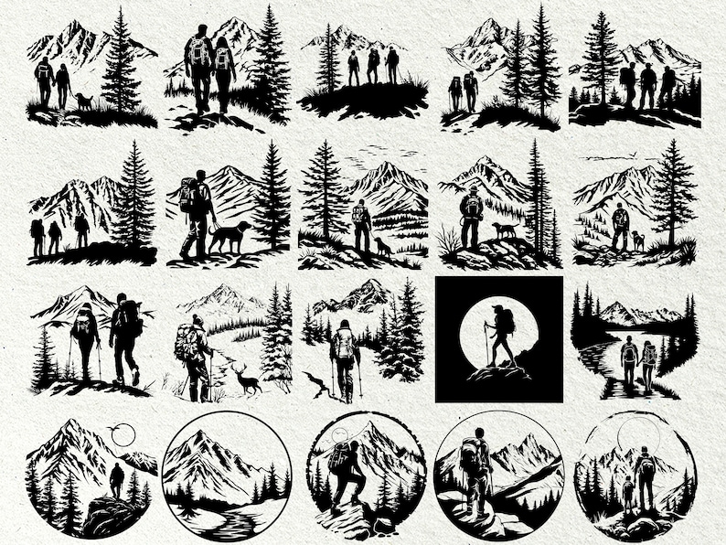 May include: A collection of black and white illustrations depicting hikers in mountainous landscapes. The images showcase people with backpacks, trees, mountains, and some with dogs, evoking a sense of adventure and outdoor exploration.