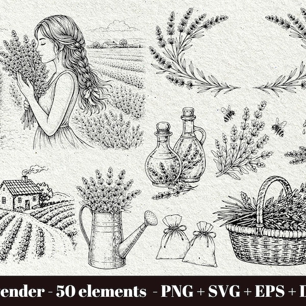 Lavender SVG Bundle / Hand Drawn Botanical Line Art / Lavender Floral Wreath PNG (50 files) (Digital Download - Commercial Use)