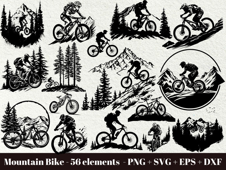 Puede incluir: Una colecci&oacute;n de 56 ilustraciones en silueta en blanco y negro de ciclistas de monta&ntilde;a que recorren paisajes de monta&ntilde;a. Las ilustraciones incluyen varios dise&ntilde;os de bicicletas de monta&ntilde;a, ciclistas en diferentes poses y fondos de monta&ntilde;a esc&eacute;nicos.