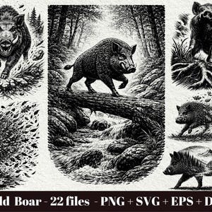 Könnte beinhalten: Eine Sammlung von Schwarz-Weiß-Illustrationen mit Wildschweinen in verschiedenen Waldumgebungen, darunter ein Wildschwein, das einen Baumstamm über einen Bach überquert, mit dem Text Wild Boar - 22 files - PNG + SVG + EPS + DXF.