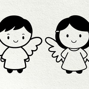 Op de afbeelding: Twee zwart-wit cartoon engel illustraties. De ene engel heeft kort haar, de andere heeft lang haar. Beide engelen hebben vleugels, lachende gezichten en dragen eenvoudige gewaden.