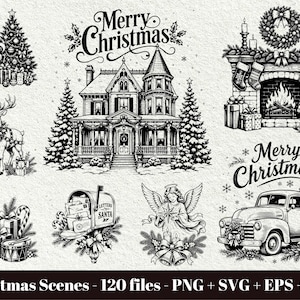 May include: A collection of black and white Christmas illustrations featuring Santa Claus, a Victorian house, a fireplace with stockings, a reindeer, a nutcracker, a mailbox labeled Letters to Santa, an angel, and a truck carrying a tree.