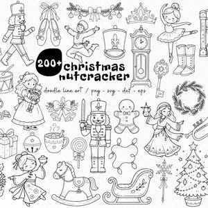Könnte beinhalten: Eine Sammlung von schwarz-weißen Strichzeichnungen mit Weihnachts- und Nussknacker-Motiven, darunter ein Schloss, Nussknacker, Balletttänzer, ein Lebkuchenmann, ein Schaukelpferd, ein Schlitten, ein Weihnachtsbaum und verschiedene Ornamente.