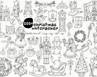 Puede incluir: Una colección de ilustraciones de arte lineal en blanco y negro con temas navideños y de cascanueces, que incluye un castillo, cascanueces, bailarines de ballet, un hombre de jengibre, un caballo mecedora, un trineo y un árbol de Navidad.