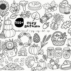 May include: A collection of black and white line art illustrations featuring autumn themes including pumpkins, sunflowers, a hedgehog, a turkey, a scarecrow with a Farm Market sign, baskets of produce, leaves, acorns, and the text 300+ cozy autumn.