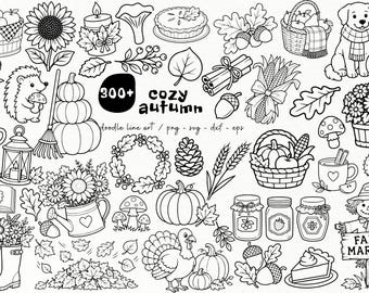 Könnte beinhalten: Eine Sammlung von schwarz-weißen Strichzeichnungen mit herbstlichen Motiven, darunter Kürbisse, Sonnenblumen, ein Igel, ein Truthahn, eine Vogelscheuche mit Farm Market-Schild, Körbe, Blätter, Eicheln und der Text 300+ cozy autumn.
