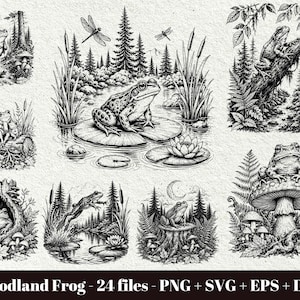 Op de afbeelding: Een verzameling zwart-wit digitale illustraties met kikkers in diverse bos- en vijveromgevingen, waaronder kikkers op waterlelies, boomstammen, paddenstoelen en boomstronken, met bos-, lisdodde- en varenmotieven in de ontwerpen.