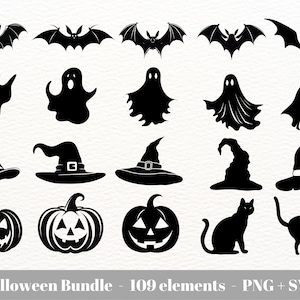 May include: A set of 109 black and white Halloween-themed SVG and PNG files. The images include bats, ghosts, witches' hats, pumpkins, and cats.