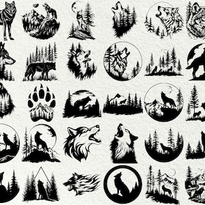 May include: A collection of 25 black and white vector illustrations featuring wolves howling, running, and standing in various poses. The illustrations are set against backgrounds of trees, mountains, and paw prints.