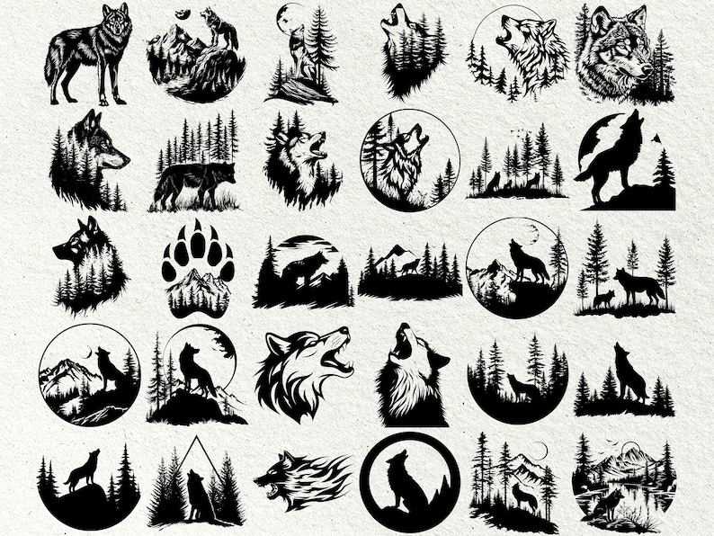 May include: A collection of 25 black and white vector illustrations featuring wolves howling, running, and standing in various poses. The illustrations are set against backgrounds of trees, mountains, and paw prints.