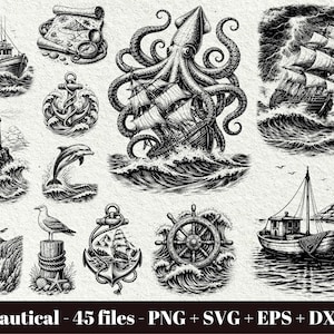 Pode incluir: Uma coleção de ilustrações náuticas em preto e branco com uma lula gigante atacando um navio, veleiros, faróis, âncoras, um leme, um golfinho, uma gaivota e um mapa do tesouro. O texto na parte inferior diz: Nautical - 45 files - PNG + SVG + EPS + DXF.