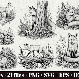 May include: A set of monochrome illustrations featuring foxes in different settings. The images depict foxes in various poses, such as standing, sitting, and curled up, amidst foliage, trees, and fungi. The text "Fox - 21 files - PNG + SVG + EPS + DXF" is at the bottom.
