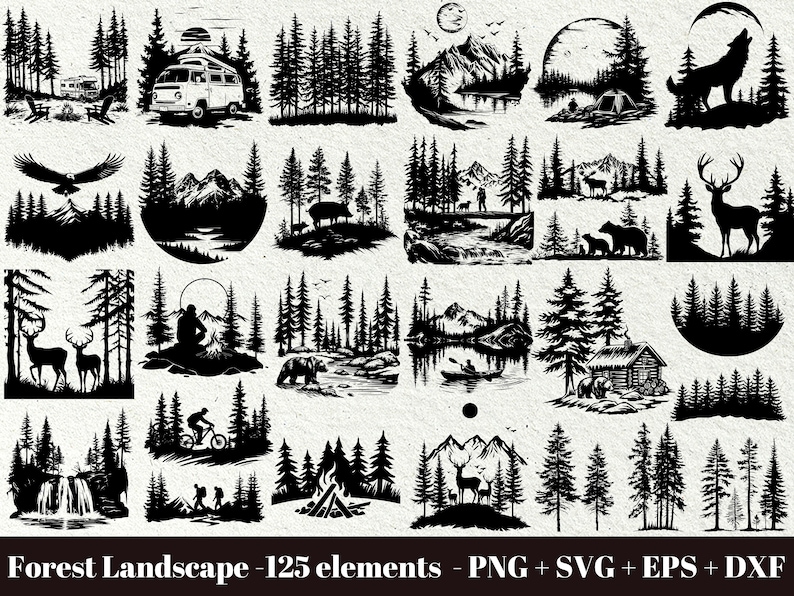 K&ouml;nnte beinhalten: Ein Set mit 25 Schwarzwei&szlig;-Vektorillustrationen von Waldlandschaften, darunter B&auml;ume, Berge, Fl&uuml;sse, Tiere und Campingszenen. Die Illustrationen eignen sich perfekt zum Erstellen von digitalen Designs, Bastelarbeiten und anderen Projekten.
