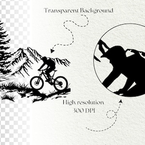 Puede incluir: Silueta de un ciclista de monta&ntilde;a descendiendo por un camino de monta&ntilde;a con un pino en primer plano. La imagen tiene un fondo transparente.