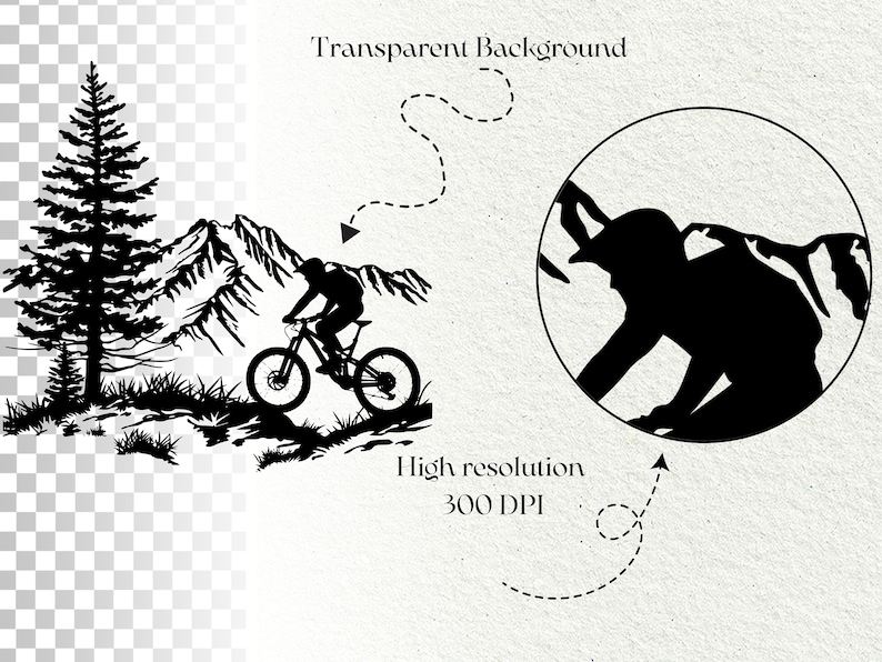Puede incluir: Silueta de un ciclista de monta&ntilde;a descendiendo por un camino de monta&ntilde;a con un pino en primer plano. La imagen tiene un fondo transparente.