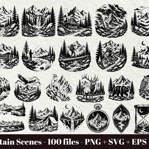 Può includere: Una collezione di illustrazioni vettoriali in bianco e nero con paesaggi montani, fauna selvatica, attività all'aperto e scene naturali. Il set include disegni circolari e sagomati con alberi, fiumi, animali e motivi da campeggio. Testo: Mountain Scenes - 100 files - PNG + SVG + EPS + DXF.