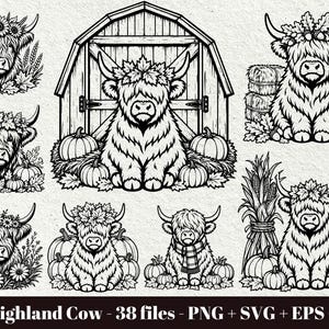 Può includere: Una collezione di illustrazioni digitali in bianco e nero che ritraggono mucche Highland in varie ambientazioni autunnali, tra cui fienili, zucche, balle di fieno e corone di fiori. Il testo in basso recita Fall Highland Cow - 38 files - PNG + SVG + EPS + DXF.