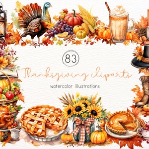 Thanksgiving Watercolor Clipart Bundle /  Watercolor autumn scene / Sunflower clipart watercolor / Commercial use / Digital instant download