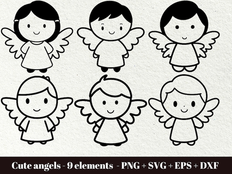 Op de afbeelding: Zes cartoon engel illustraties in zwart en wit. Elke engel heeft een lachend gezicht, vleugels en een eenvoudige jurk. De tekst onderaan luidt "Cute angels - 9 elements - PNG + SVG + EPS + DXXF."
