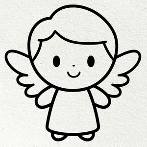 Op de afbeelding: Een zwart-wit cartoon illustratie van een engel. De engel heeft een rond hoofd, kleine vleugels en een eenvoudige jurk. De engel lacht en heeft een halo. De afbeelding is getekend met dikke zwarte lijnen op een witte achtergrond.