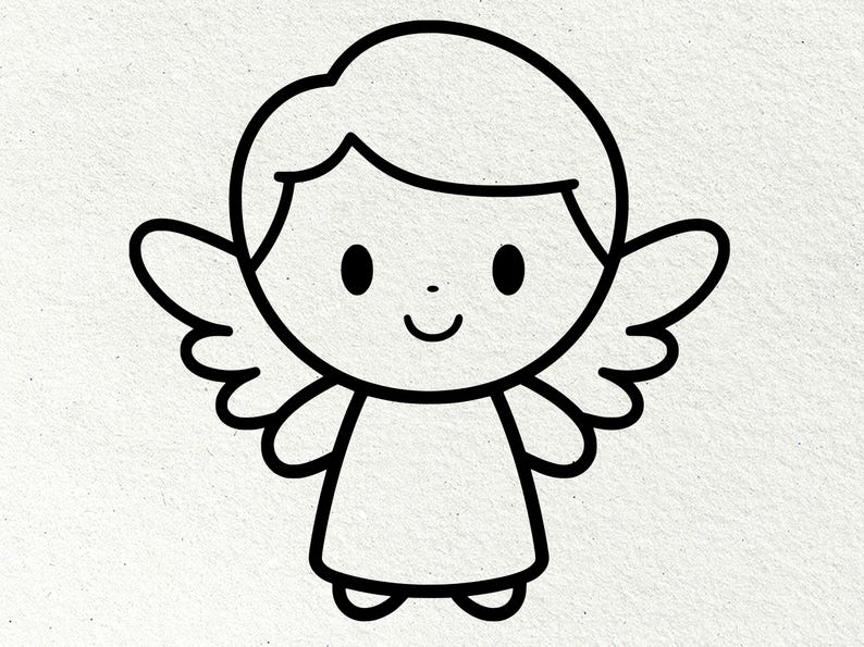 Op de afbeelding: Een zwart-wit cartoon illustratie van een engel. De engel heeft een rond hoofd, kleine vleugels en een eenvoudige jurk. De engel lacht en heeft een halo. De afbeelding is getekend met dikke zwarte lijnen op een witte achtergrond.