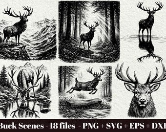 Buck Laser Engrave Files / Hunting Animal Scenes SVG Bundle / Deer Forest Landscape PNG (18 files) (Digital Download - Commercial Use)