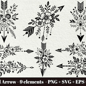 Op de afbeelding: Negen zwart-witte bloemenschietpijlontwerpen. De pijlen zijn versierd met bloemen en bladeren. De ontwerpen zijn perfect voor knutselen, scrapbooking en andere creatieve projecten.