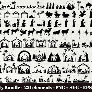 Może przedstawiać: Zbiór 221 czarnych sylwetek przedstawiających sceny bożonarodzeniowe, anioły, zwierzęta i inne postacie religijne. Tekst "Nativity Bundle - 221 elements - PNG + SVG + EPS + DXF" znajduje się na dole.