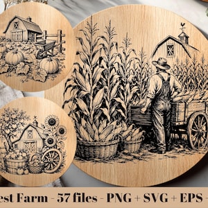 May include: Three circular wooden surfaces featuring black line art illustrations of farm scenes. One shows a person with a wagon in a cornfield, another depicts a barn with pumpkins, and the third displays a barn with sunflowers and fruit.