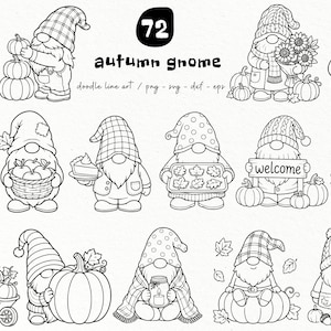 Herbst Gnome Clipart Bundle / Herbst Linie Kunst SVG / Gemütliches Doodle PNG Set (72 Dateien) (Digitaler Download - Kommerzielle Nutzung)